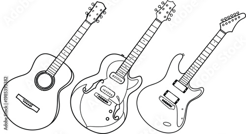 Guitar set illustration, acoustic and electric instruments isolated vector line art black and white design