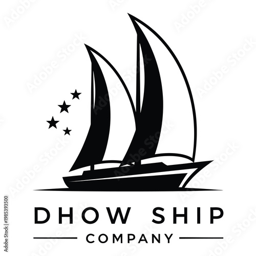 Monochrome logo of sailing dhow ship with stars and company name icon