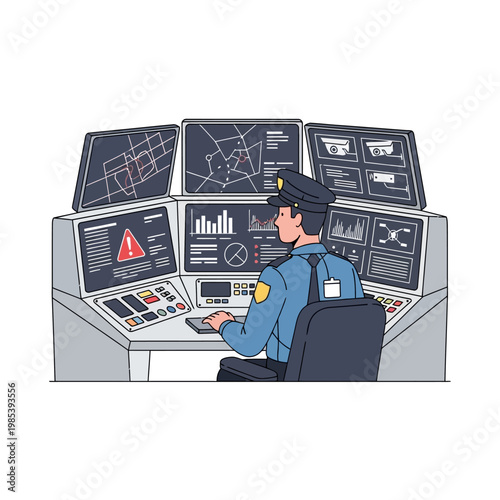 Security guard monitoring surveillance screens in control room with multiple monitors displaying data and alerts