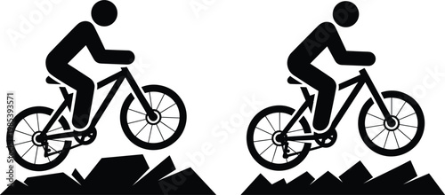 Mountain biking silhouette set, cyclist riding bicycle on trail isolated vector black and white design