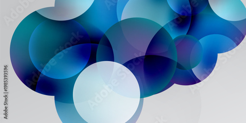 Abstract composition. Overlapping circles create fluid shapes, varying blues, whites dominate dark background. Modern design element.