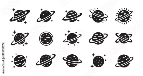 Astronomy themed planet icons in black silhouette style