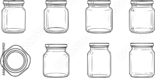 Food and Home Packaging Industry Empty Glass Jars and Containers Collection, Black and White Line Art Style Vector Illustration