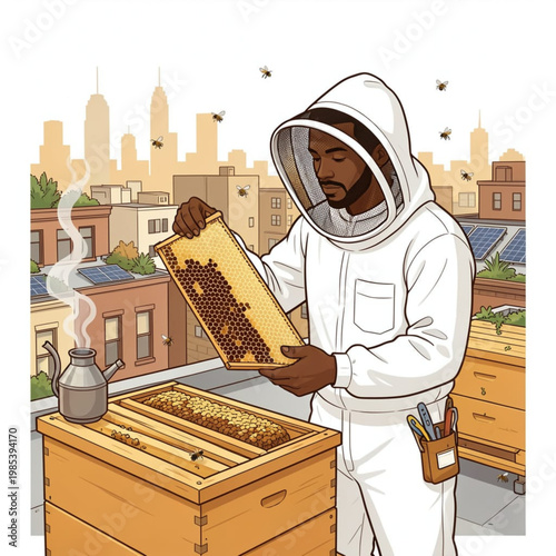 Urban Beekeeper Inspecting Honeycomb Frame on Rooftop Langstroth Hive