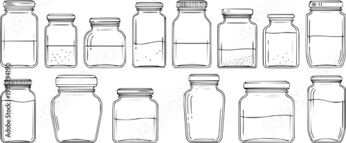 Black and White Line Art of Assorted Empty Glass Jars and Bottles