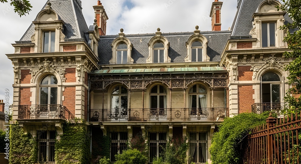 Fototapeta premium Grand Historic Mansion with Ornate Facade, Tall Slate Roofs, and Large Arched Windows, Surrounded by Lush Greenery and Iron Fencing, Evoking Elegant Old World Architecture and the Romantic Charm of a 