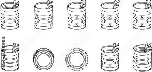 Black and White Line Art Vector Illustration of Recycled Tin Can Pencil Holders for Office and School Stationery Supplies, Featuring Side and Top Views