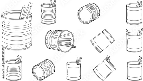 Education and Office Stationery: Black and White Line Art Set of Pencil Holders Made from Recycled Cans. Hand-drawn Vector Illustration for Art and School Supplies.
