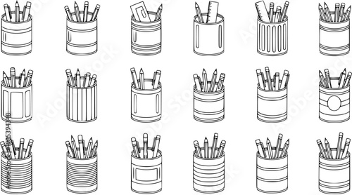 Black  White Line Art Vector Icons of Pencil Holders with Pencils and Rulers for Education, Art, and Office Supplies
