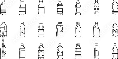 Food and Beverage Packaging Plastic Bottles Line Art Icons Set. Black and White Outline Illustrations of Water, Juice, Soda, and Oil Containers.