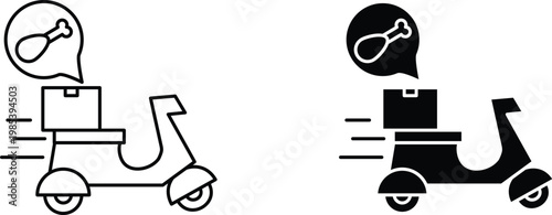 Fast food delivery scooter icons, courier moped with chicken leg speech bubble, black and white line art vector set for restaurant apps