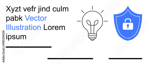 Innovation, cybersecurity, branding, protection, knowledge, creative strategy. Light bulb and shield icons with placeholder text. Innovation and cybersecurity clearly