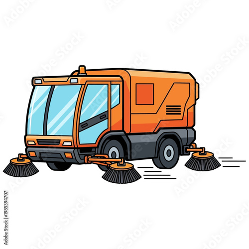 Cartoon Street Sweeper Truck with Brushes Working