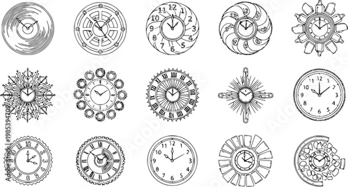 Black and White Line Art Collection of Diverse Clock Designs Vector
