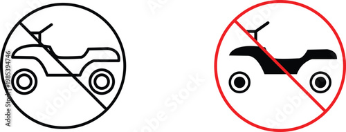 No ATV prohibited sign icons, quad bike forbidden entry symbols, all-terrain vehicle restricted area vector set for safety and regulation
