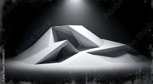 Abstract Geometric Mountain Peak, Minimalist Snow Landscape, Modern Design, Dramatic Spotlight