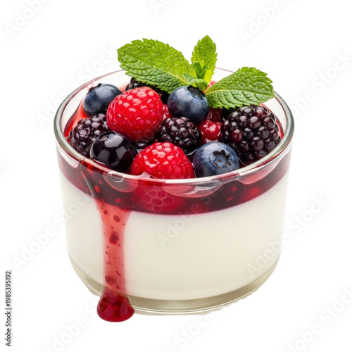 Dessert with berries and mint on transparent background