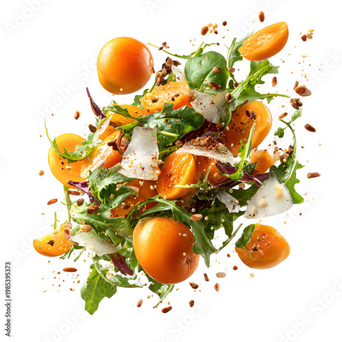 Fresh shrimp and avocado salad with citrus dressing exploding mid-air on white background