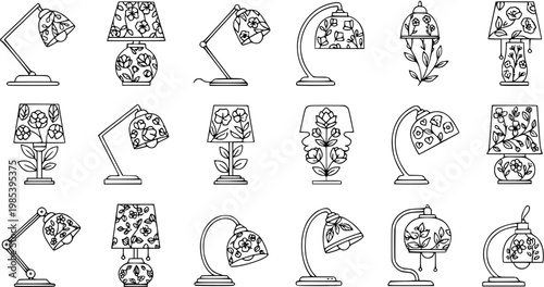 Black and White Line Art Collection of Various Floral Pattern Desk Lamps, Vector Graphics