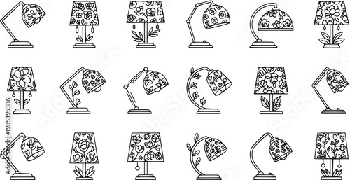 Elegant Floral Pattern Table Lamps Collection. Hand-drawn Black and White Line Art Illustrations for Home Decor, Interior Design, and Coloring Books.
