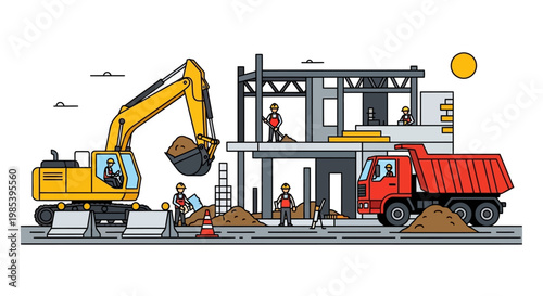 Construction site with workers, excavator, and truck in vector illustration