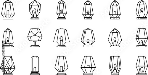 Modern Geometric Lanterns and Lamps Line Art Icons Set - Home Decor and Lighting Vector Collection