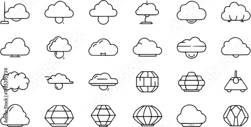 Black and White Line Art Icons of Clouds and Geometric Lanterns
