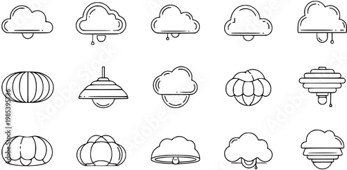 Black and White Line Art Icons of Clouds and Lamps, Technology and Home Decor