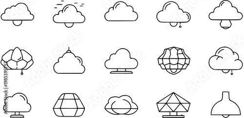 Set of cloud and lamp icons in simple black and white line art style