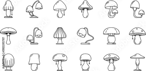 Black and White Line Art Mushroom and Fungi Icons. Outline Glyph Vector Set Featuring Forest Mushrooms, Whimsical Mushroom Lamps, and Creative Lighting Objects.