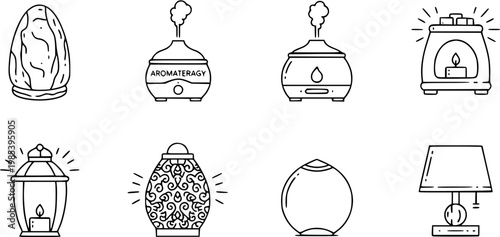 Aromatherapy and Home Decor Outline Icons Set. Wellness Diffusers, Lamps, and Decorative Lighting Elements in Black  White Line Art Style.