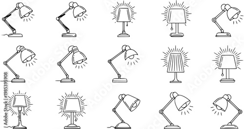 Desk and Table Lamps Outline Icons Set. Home  Office Lighting Fixtures Black  White Line Art Collection with Shine Effect.