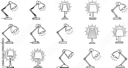 Lighting Line Art Icons: Collection of Black  White Outline Desk Lamps and Table Lamps for Home Decor, Office, and Study Design Elements