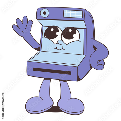 Retro gadget character in cute cartoon style on white background showing cheerful tech concept. Vector illustration