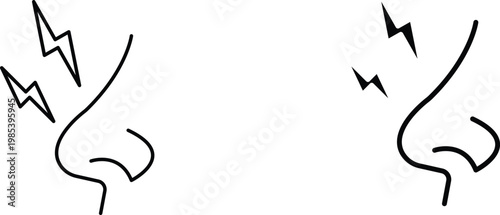 Nasal pain line art icons, human nose with lightning bolt symbols for sinus pressure, medical illustration of nasal congestion and allergy symptoms