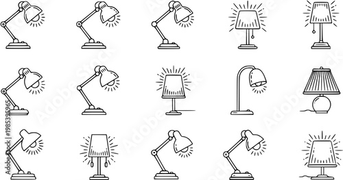 Black and White Line Art Lamps Icon Set. Outline Desk and Table Lamps, Home Lighting Fixtures, and Office Illumination Symbols. Doodle Style Home Decor Vector Collection.