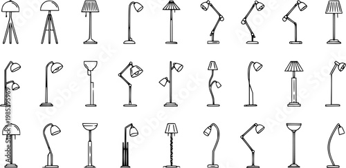 Black  White Line Art Lamps Icon Set for Home Decor. Outline Glyphs of Floor and Desk Lighting Fixtures for Interior Design Projects.