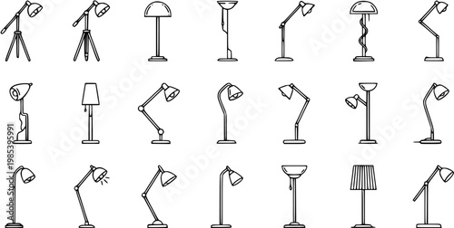 Lighting Industry Vector Icons: Black and White Line Art Set of Modern Floor Lamps and Desk Lamps for Home Decor and Interior Design.