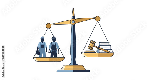 Justice scale with workers and books symbolizing law and labor balance