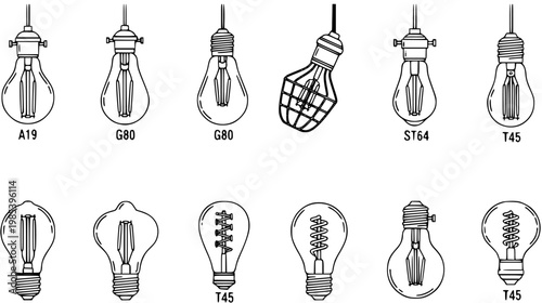 Lighting  Home Decor Line Art: Vintage Edison Light Bulbs Vector Set. Classic filament lamps for electrical and interior design projects.