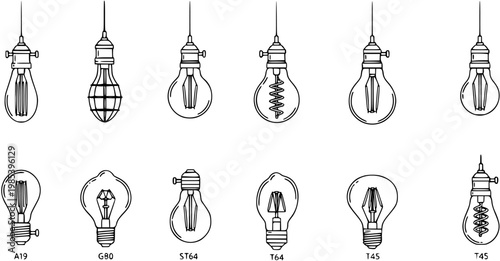 Vintage Edison Light Bulbs Collection - Black and White Line Art Icons