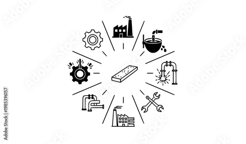 Industrial metal process icons in circular layout with factory welding gear furnace and steel elements vector set