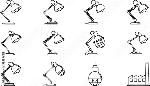 Industrial and Workplace Lighting Black and White Line Art Icon Set featuring various desk lamps, task lights, and factory building symbols