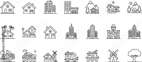Buildings and houses line icons set with city, village and rural homes isolated on white background for real estate, architecture and property concepts