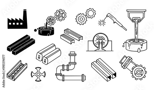 Minimal metal industry process icons with factory gear welding furnace and steel pipeline symbols vector