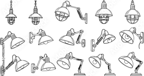 Industrial Lighting Fixtures Black and White Line Art Set. Hand-drawn Vintage Style Wall Sconces, Pendant, and Adjustable Lamps Collection for Interior Design.