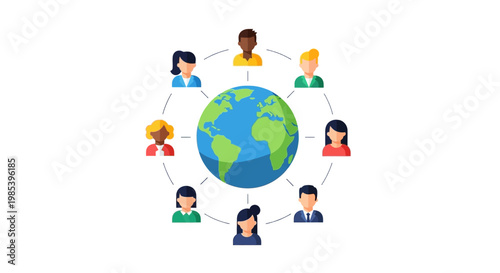 Global network of diverse people surrounding earth in flat style