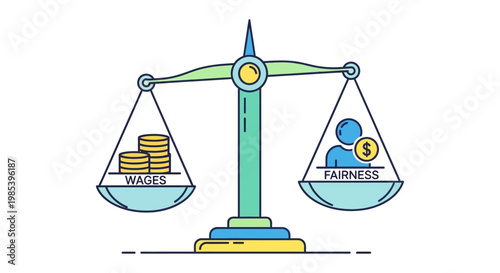 Illustration of scales balancing wages and fairness concept