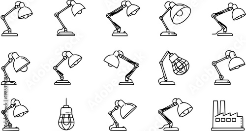 Black  White Line Art Desk Lamps and Lighting Fixtures Icons for Office, Study, and Industrial Design