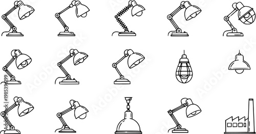 Industrial Lighting and Factory Line Art Icons Set. Black and White Outline Vector Collection of Lamps, Light Fixtures, and Manufacturing Building.